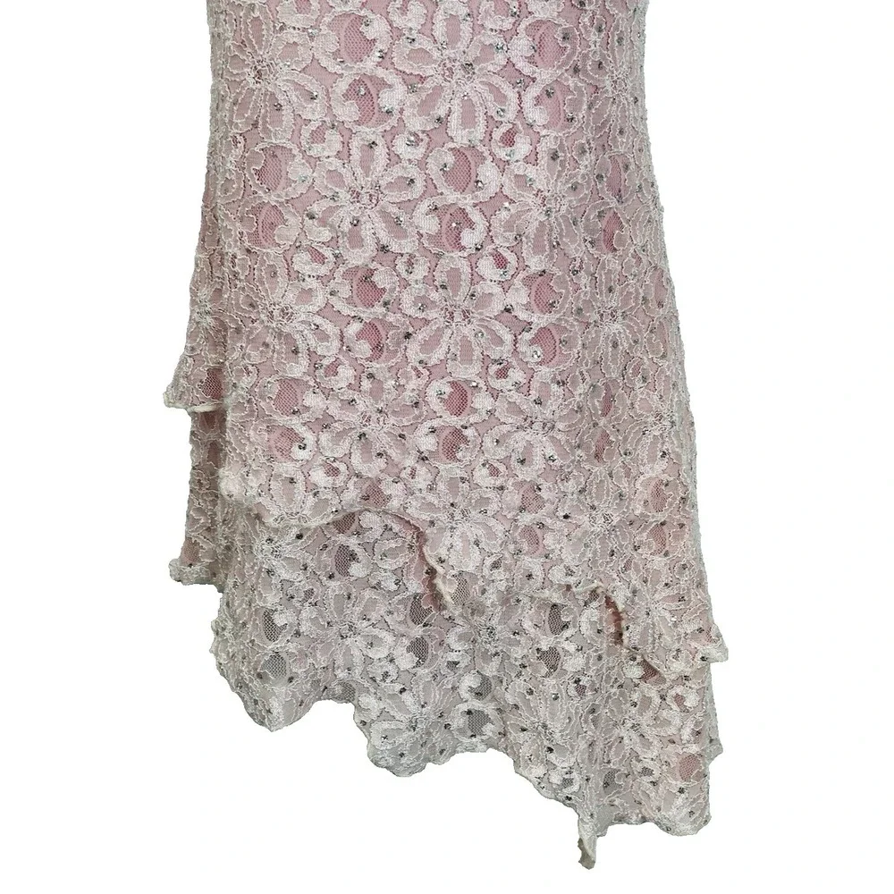 Vintage Pink Lace Dance Dress Silver Glitter Overlay Stretch Girls S Y2K Costume
